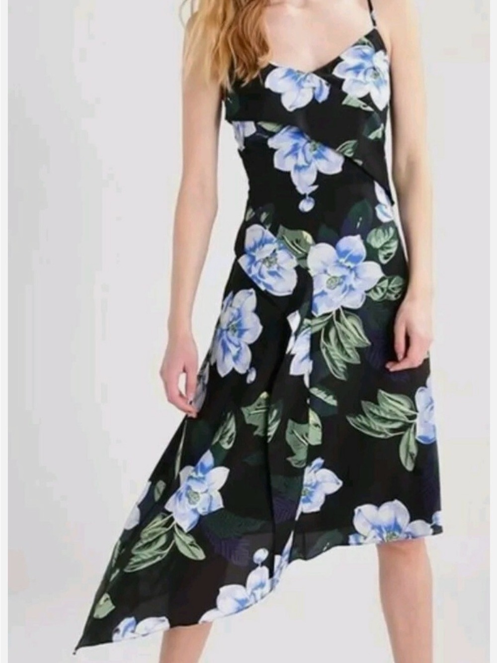 Banana Republic Black Asymmetrical Floral Slip Dress with Blue Blooms